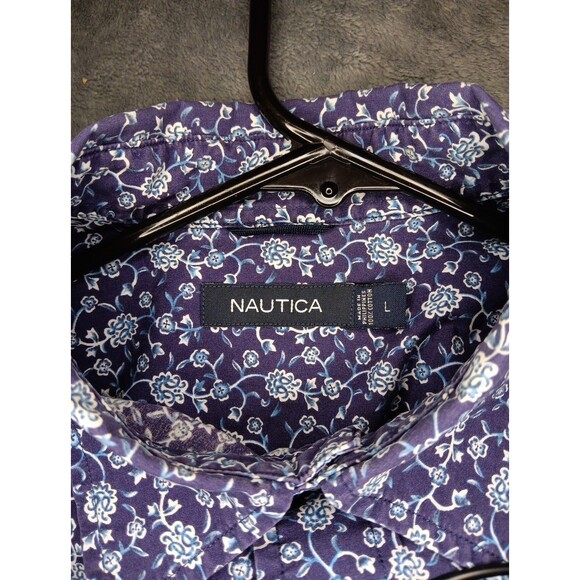 Nautica Men's Classic Allover Floral Button-Up Pocket Long Sleeve Shirt Navy L - Picture 4 of 6